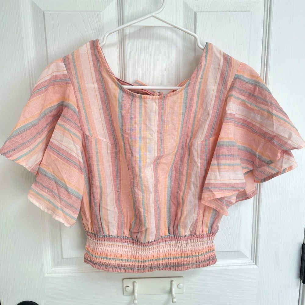 JAPNA Pink Orange Multi Striped Ruffle Sleeve Cropped Blouse Women’s Size S
